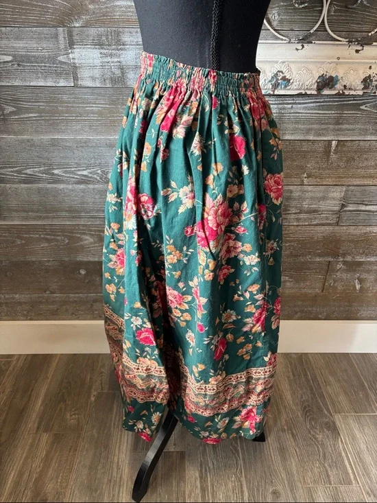 Vera Bradley Vintage (Size S/M/L) Teal Maxi Skirt with Pink Rose Print - Picture 4 of 9